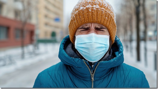 Winter weather impact masked individual in snowy urban environment lifestyle photography close-up viewpoint