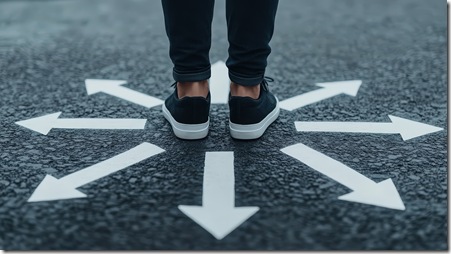 A person stands at a crossroads marked with arrows on the pavement, symbolizing choices and directions in life. This image captures the essence of uncertainty and decision-making.
